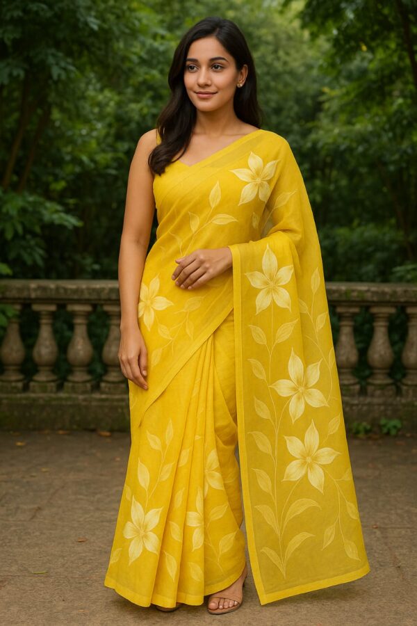 YELLOW FLORAL PRINT  ORGANZA SAREE