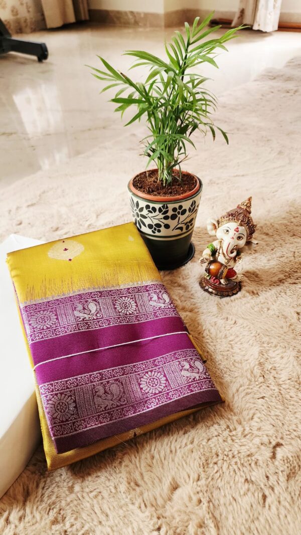 Semi Kanchi Premium SILK Saree Mustard Yellow with Wine border