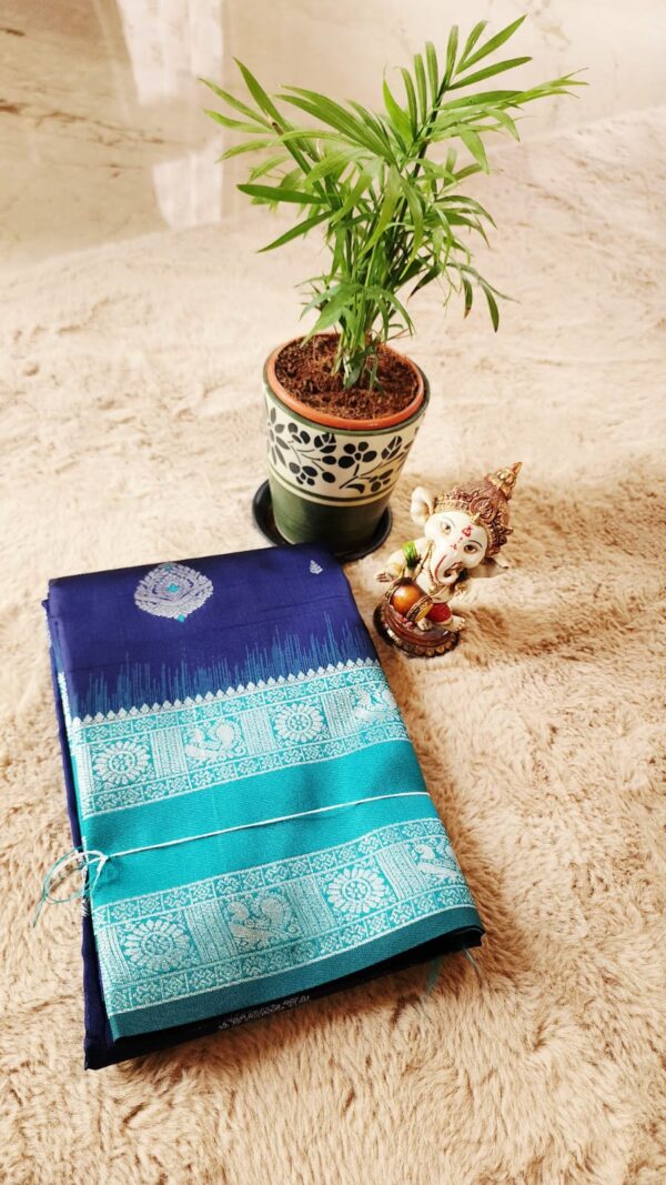 Semi Kanchi Premium SILK Saree Navy blue with Ramagreen