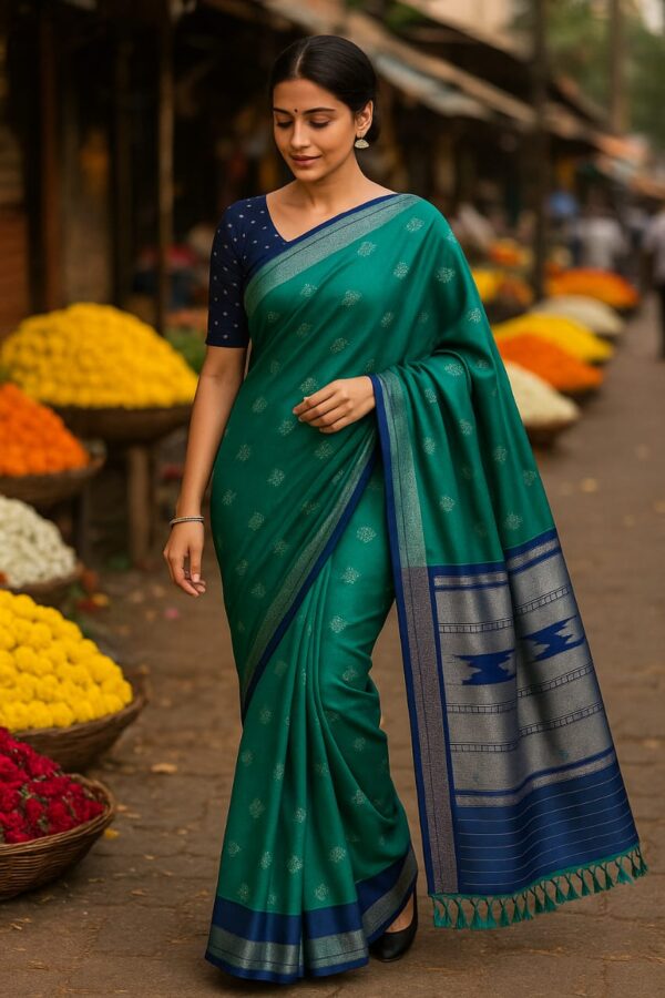 Semi Kanchi Premium SILK Saree Ramagreen with Blue border
