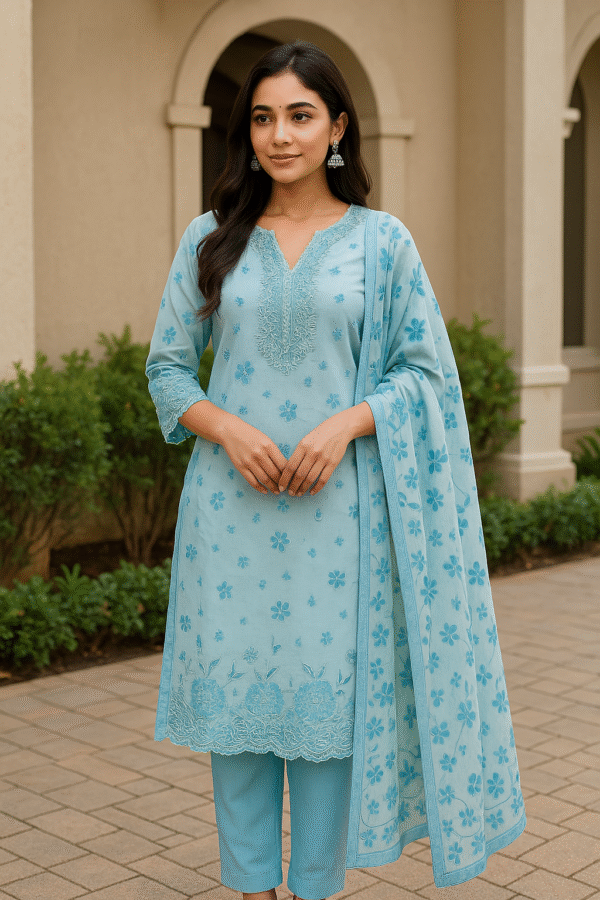 Skyblue beads and Embroidery work 3PCS Set