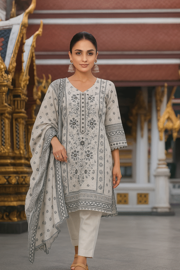 White cotton embroidery work 3pcs set wit chumki work