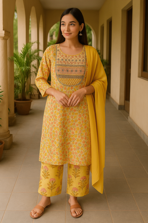 Cotton Floral Print and Embroidery Yellow 3pcs set