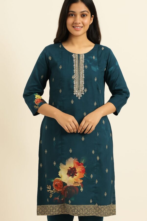 Blue 3pcs set with beads work and floral prints