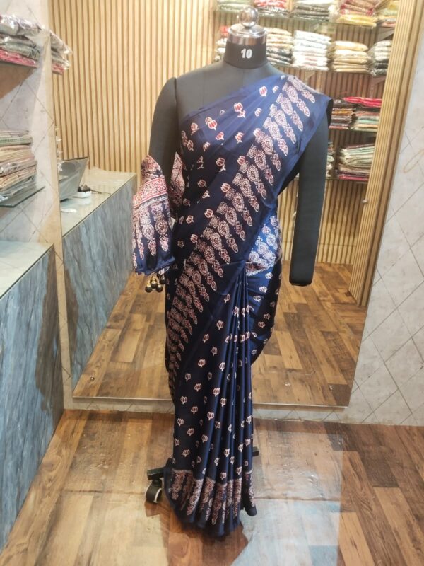 Ajrakh Printed Crepe Saree Blue