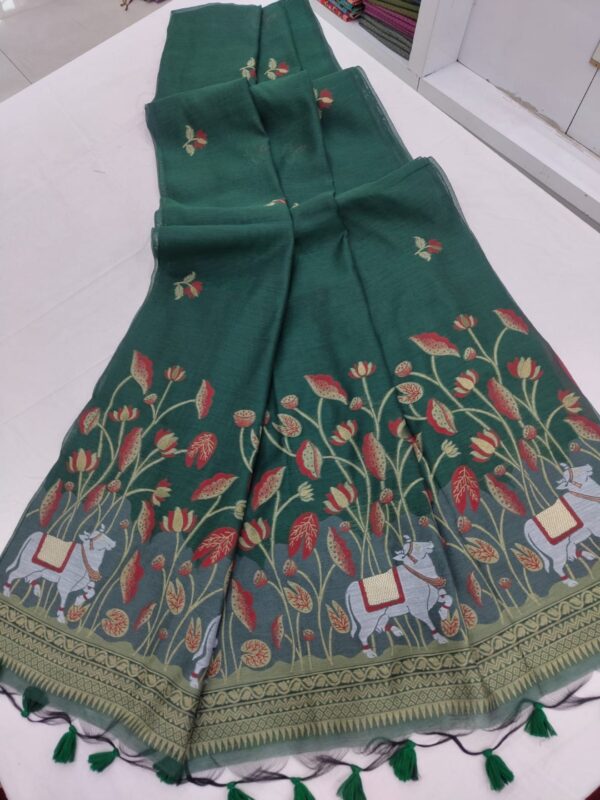 Cotton Muga Green with Red Saree