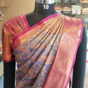 Semi Kanchipuram Tissue Silk Saree Premium Navy Blue & Pink