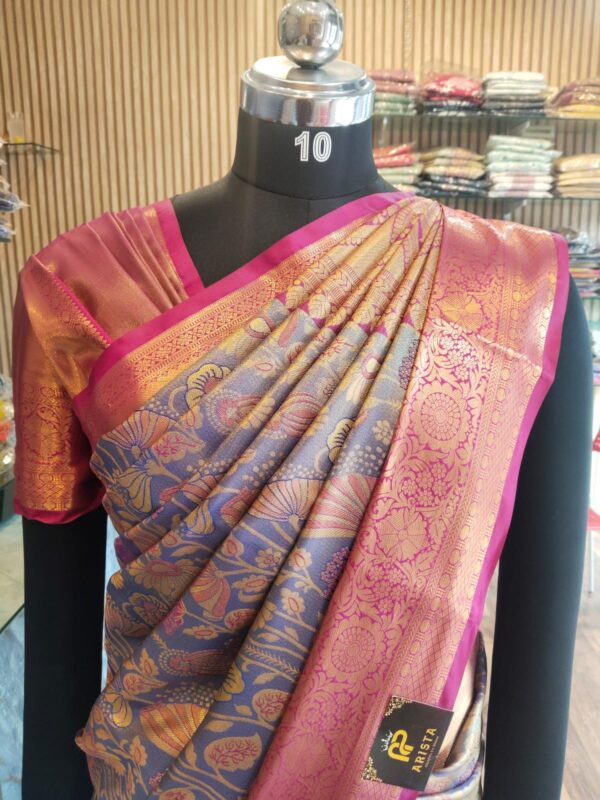 Semi Kanchipuram Tissue Silk Saree Premium Navy Blue & Pink